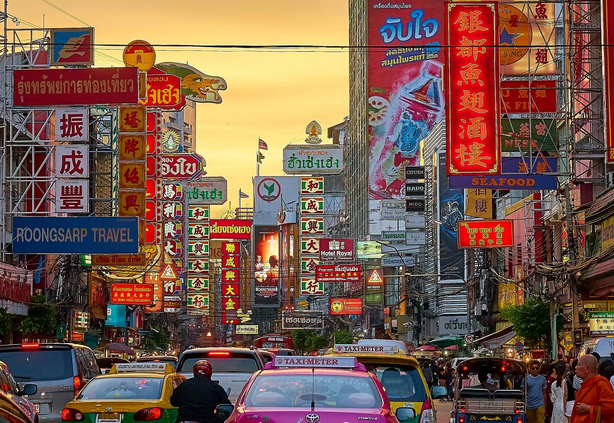 Colorful scene depicting the vibrant tourist attractions in Bangkok, Thailand.
