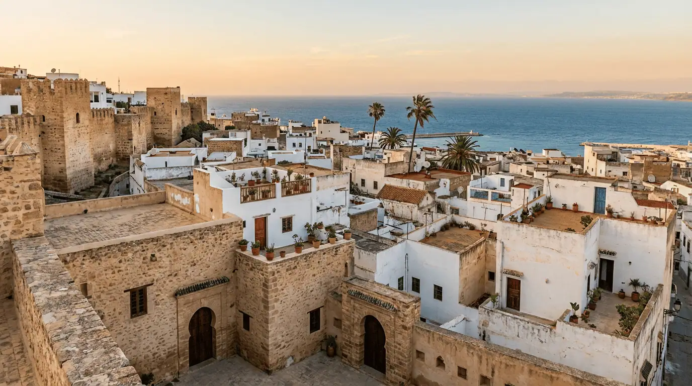 A panoramic view of the Tangier Kasbah walls and white houses overlooking the Strait of Gibraltar and the Mediterranean Sea