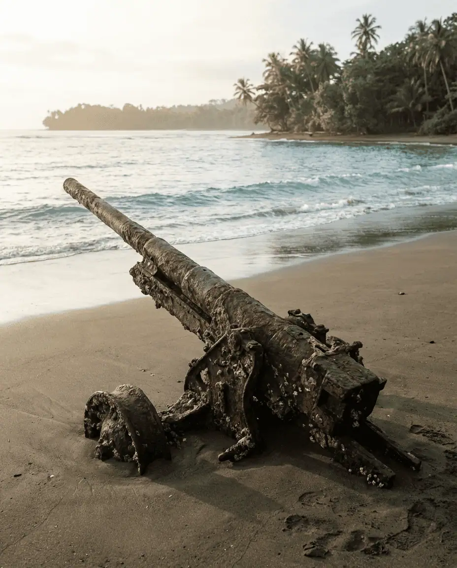 A rusted WWII artillery gun sitting on the sand at Machine Gun Beach, with calm ocean waves lapping at the shore in the background