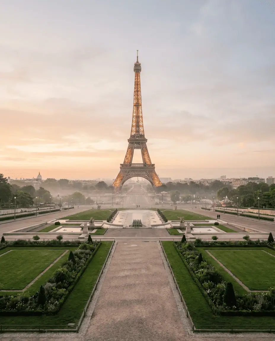 The Eiffel Tower glowing in the soft golden light of sunrise, viewed from the Trocadéro gardens