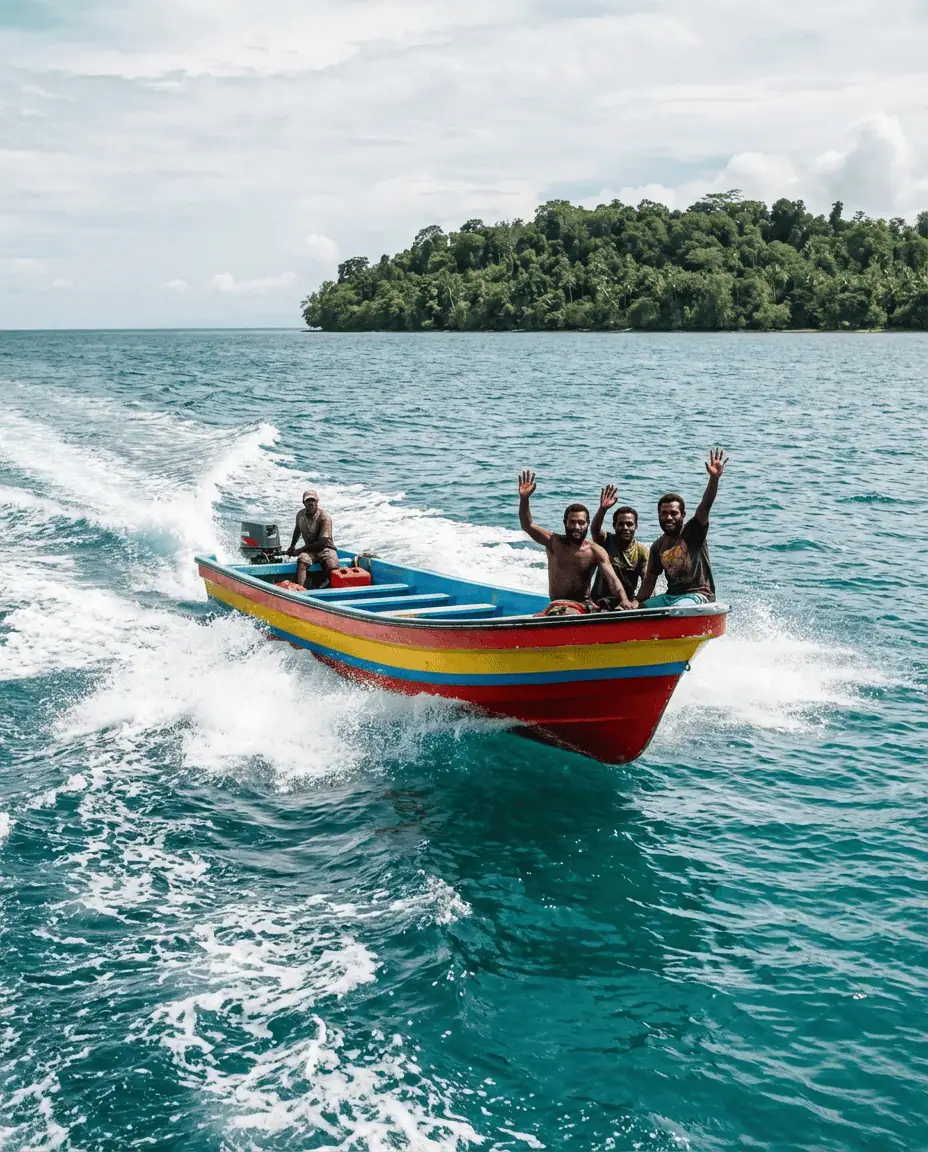 A colorful banana boat speeding across the water towards a lush green island, with spray kicking up and locals waving from the bow