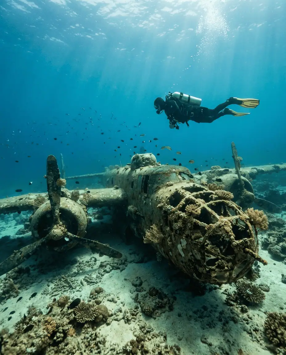 Underwater shot of a diver exploring the encrusted fuselage of a WWII B-25 Mitchell bomber, with sunlight filtering through the clear blue water