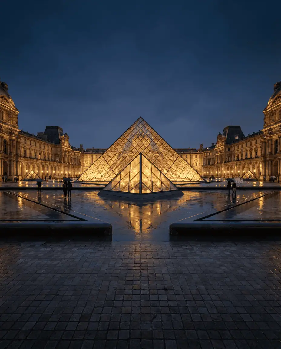 The iconic glass pyramid of the Louvre Museum illuminated against a deep blue evening sky