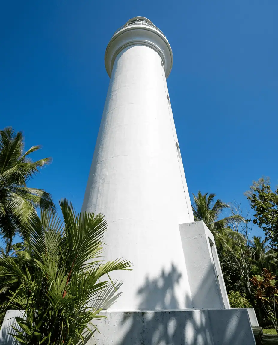 Low-angle shot of the white Coastwatchers Memorial Lighthouse towering against a deep blue sky, with tropical palm trees framing the base.