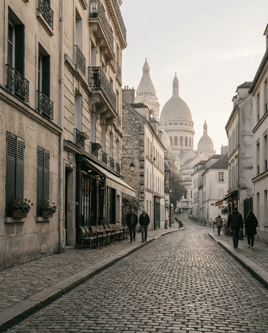 A winding cobblestone street in Montmartre leading up to the white dome of the Sacré-Cœur Basilica