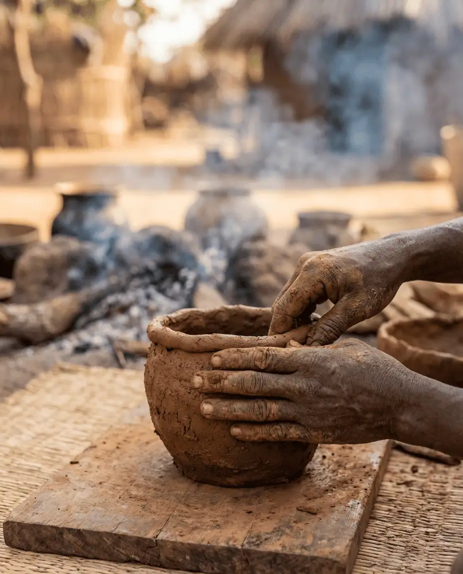 Close-up of a pair of hands shaping raw clay into a traditional pot, with the texture of the earth and smoke from a firing pit visible in the background