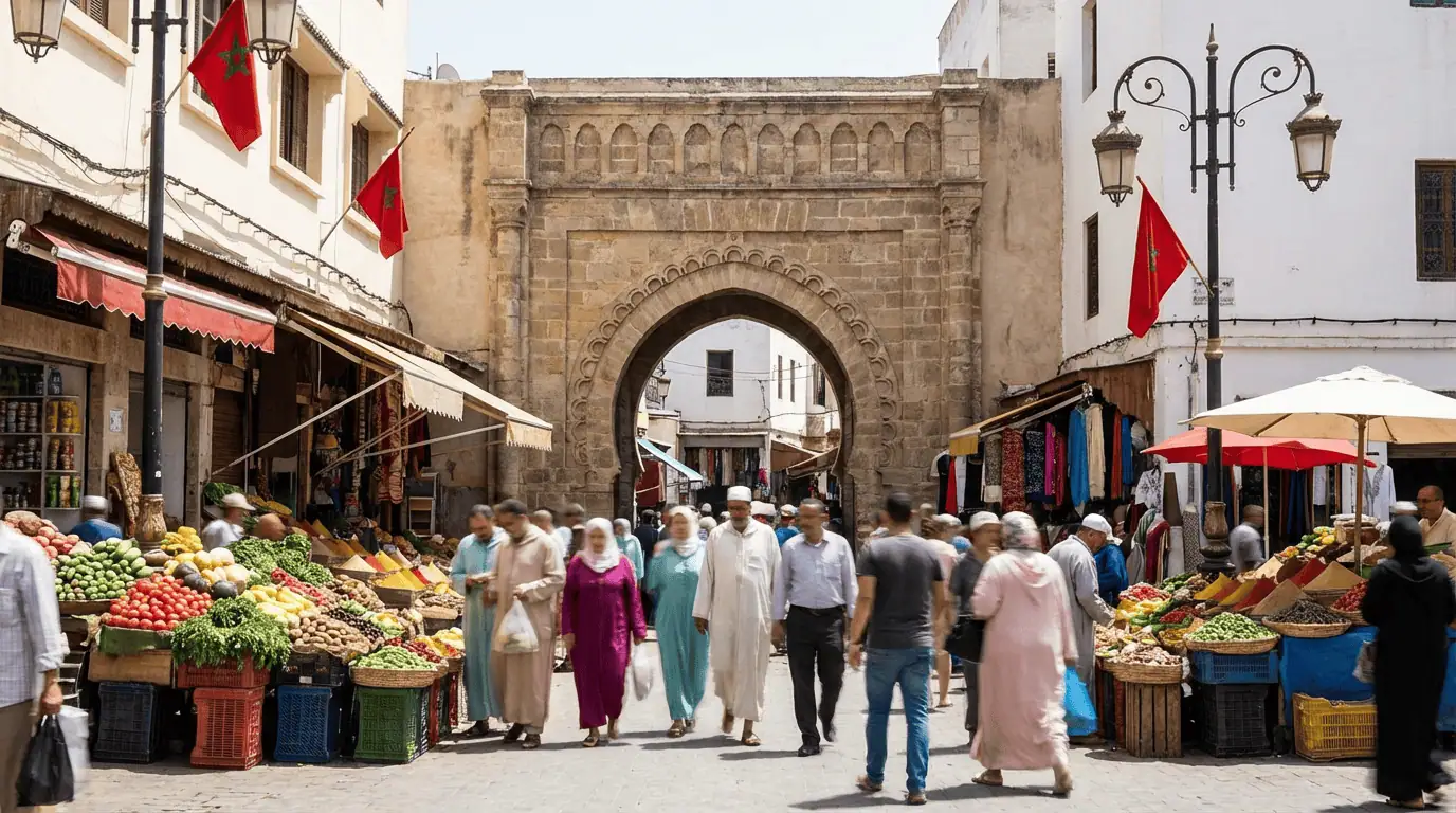 The bustling Grand Socco square in Tangier, with colorful market stalls and the historic archway leading into the Old Medina