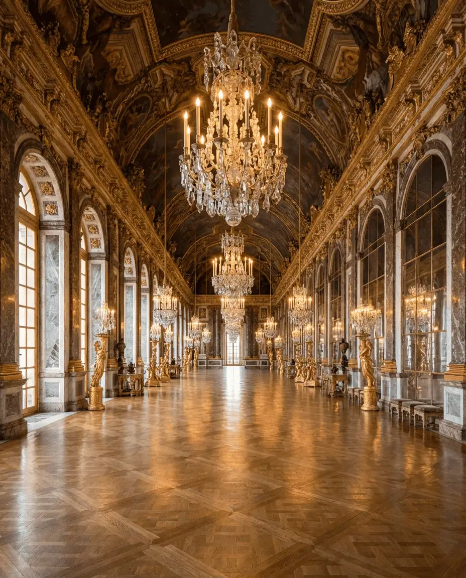 The opulent Hall of Mirrors in the Palace of Versailles, reflecting light from its massive chandeliers