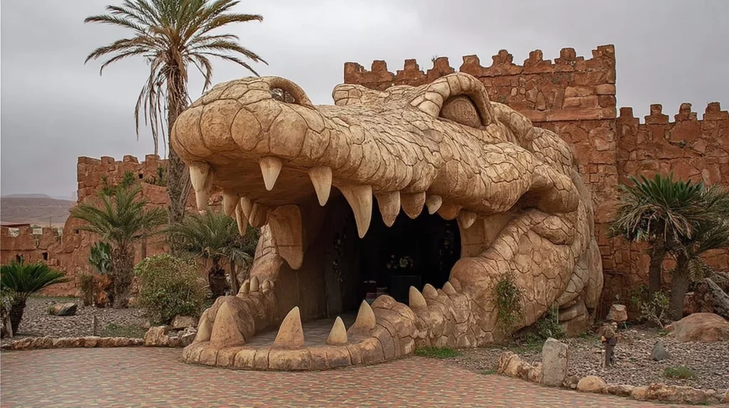Oversized crocodile head sculpture forming the entrance to Crocoparc theme park in Agadir.