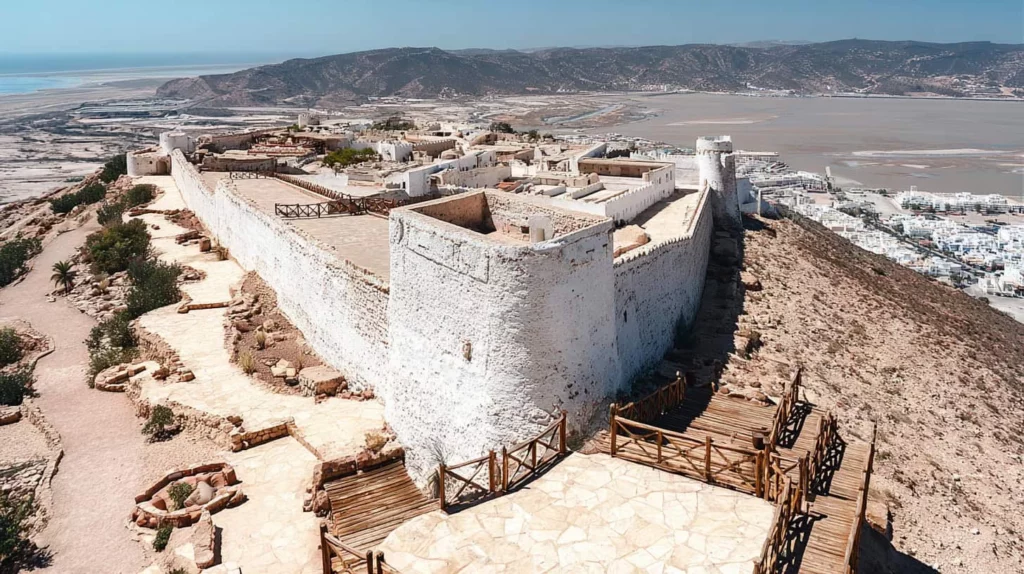 Historic white ramparts and ruins of the Kasbah atop a hill, overlooking Agadir's port and coastal landscape.