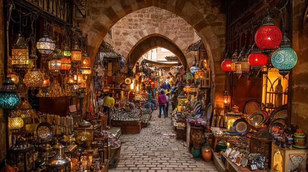 Bustling souk corridor in Agadir with colorful lanterns, ceramics, and crafts framed by a stone archway.