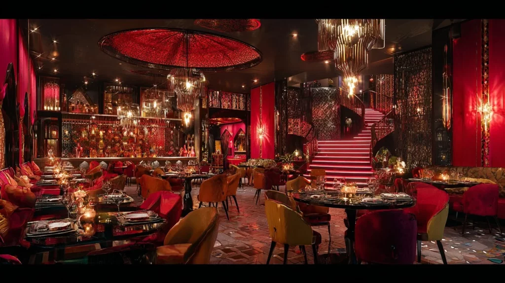 Elegant interior of a restaurant with velvet seating, ambient chandeliers, round tables, and a glowing staircase.