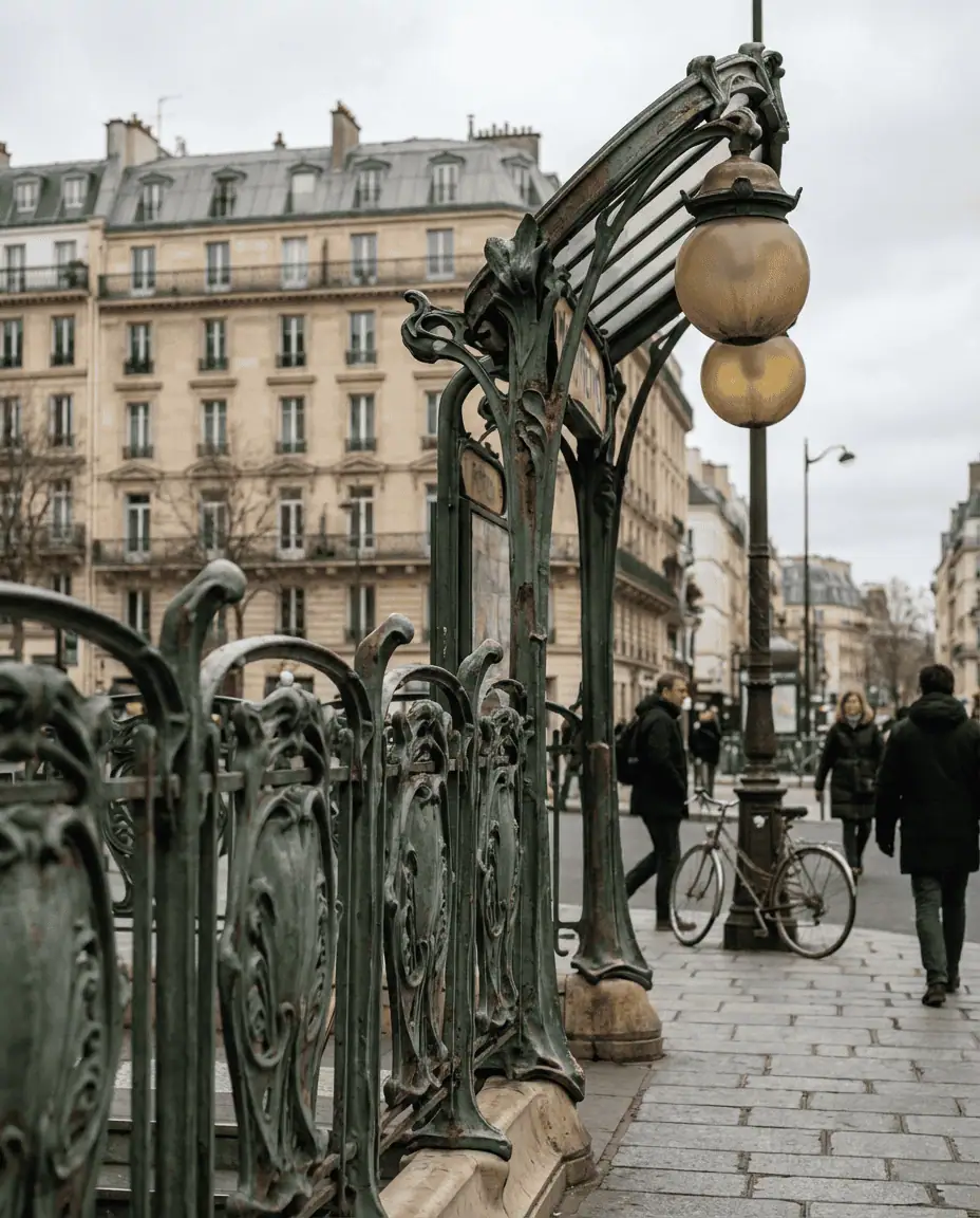 An iconic Art Nouveau Metro entrance sign in Paris with its distinctive green ironwork