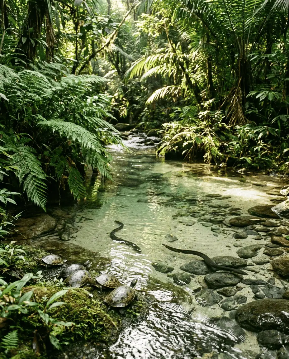 A lush, green jungle scene at Balek Wildlife Sanctuary, focusing on the crystal clear creek with freshwater turtles and eels visible near the bank