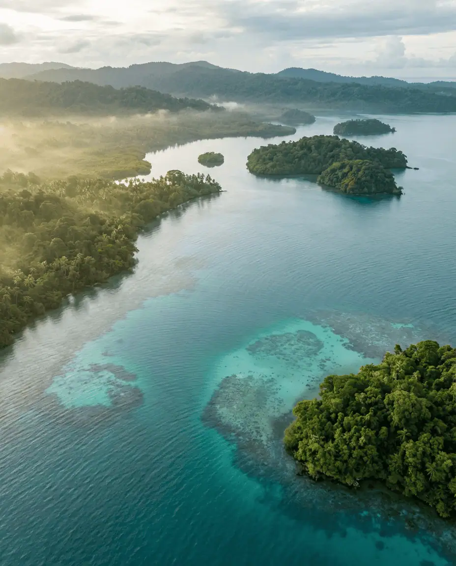 Aerial drone shot of Madang's jagged coastline and emerald islands scattered in the turquoise Bismarck Sea under soft morning light
