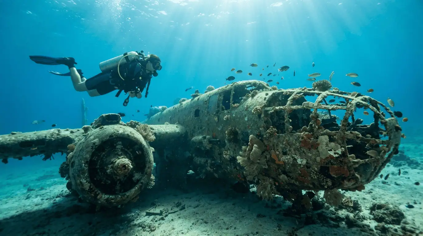 Underwater shot of a diver exploring the encrusted fuselage of a WWII B-25 Mitchell bomber, with sunlight filtering through the clear blue water