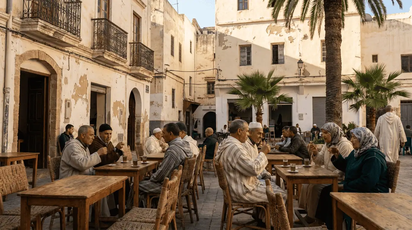 A daytime scene at the Petit Socco square, featuring small cafes and locals sitting outside discussing the day's events