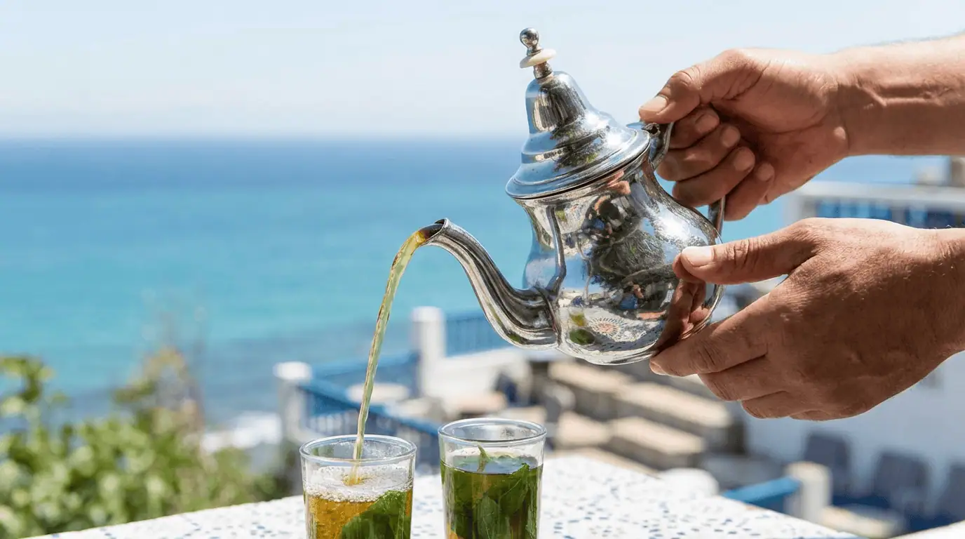 Traditional Moroccan mint tea poured at Café Hafa, with the tiered seating overlooking the vast expanse of the Mediterranean Sea