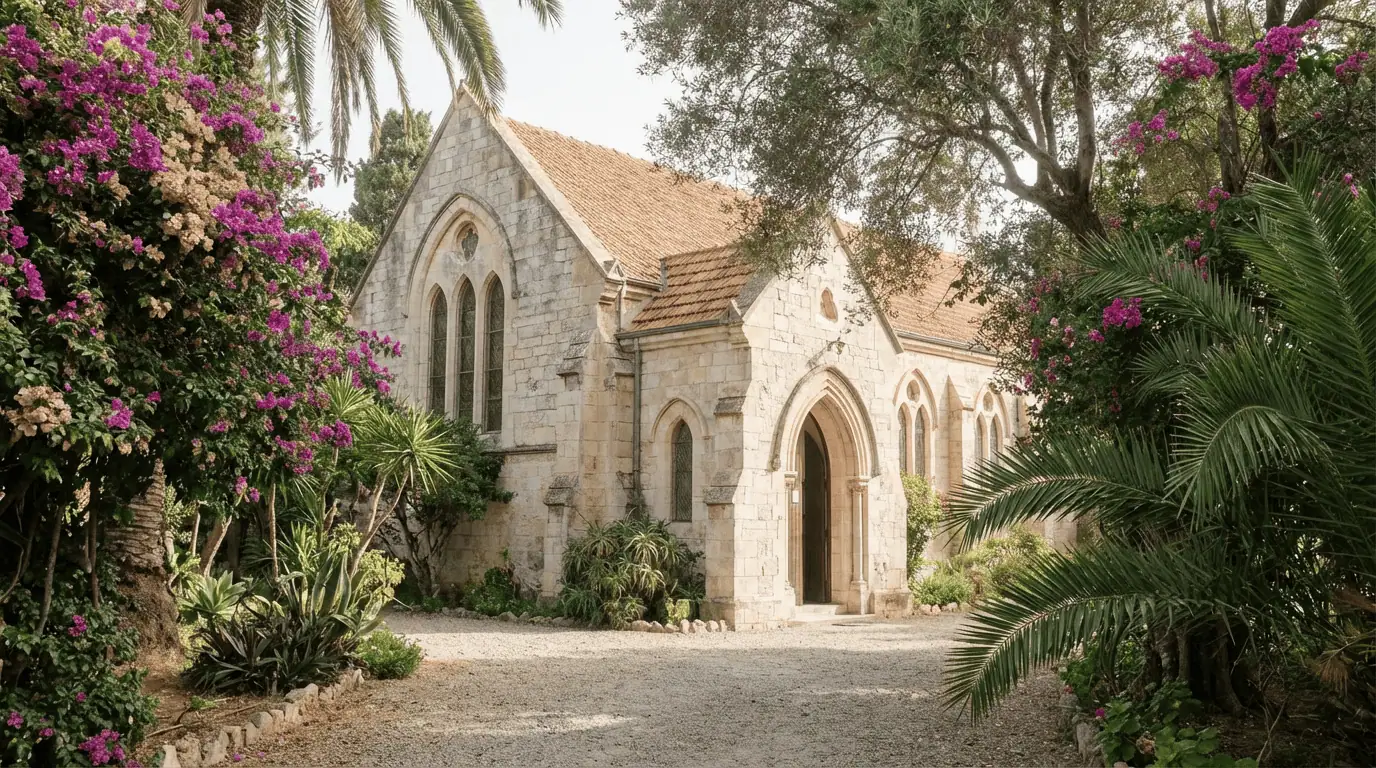 The tranquil exterior and lush gardens of St. Andrew's Anglican Church in Tangier, showing its unique architectural style