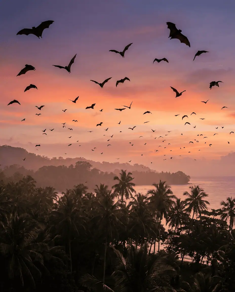 Silhouetted flying foxes filling the sky against a vibrant purple and orange sunset over the trees of Madang Resort