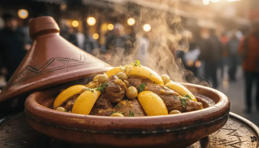 A close-up shot of a steaming earthenware tagine filled with slow-cooked meat, preserved lemons, and olives, served on a street stall