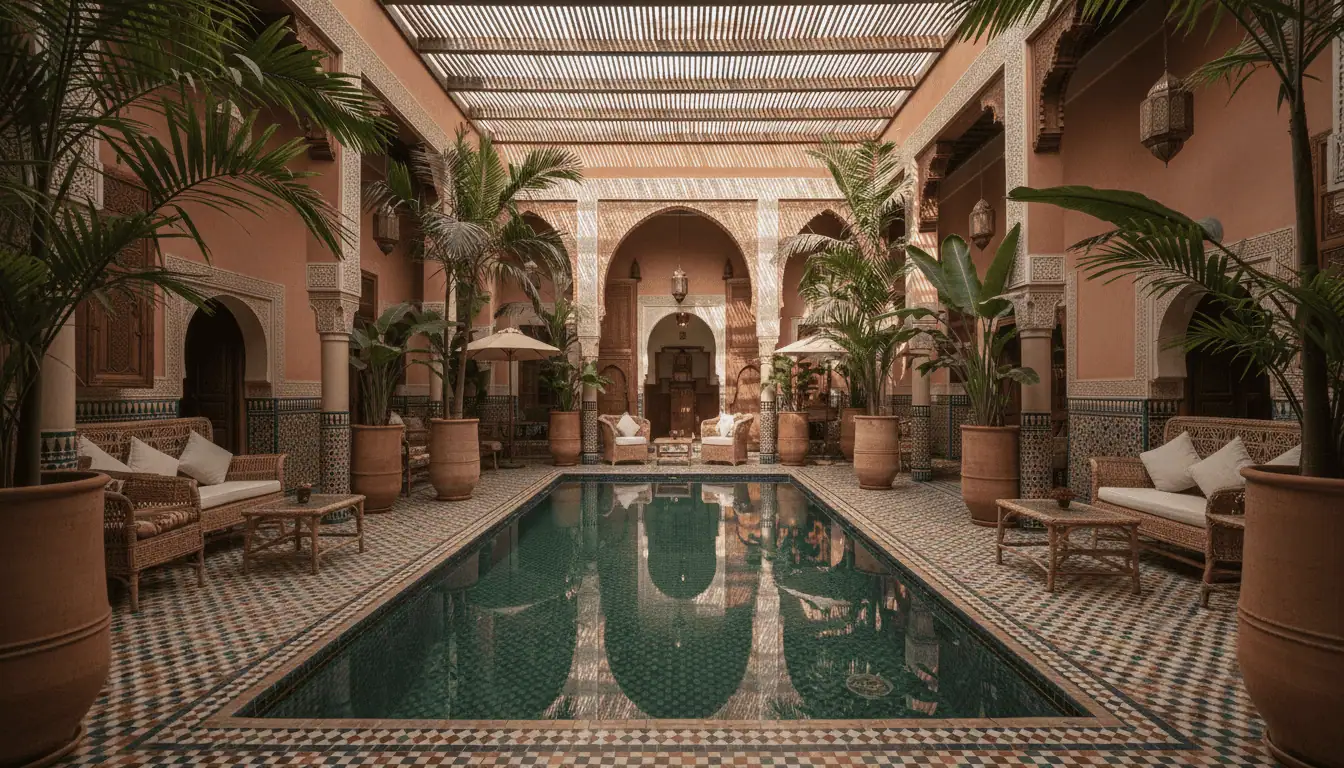 A quiet, lush central courtyard of a traditional Riad featuring a small pool, tiled floor, and towering potted plants.