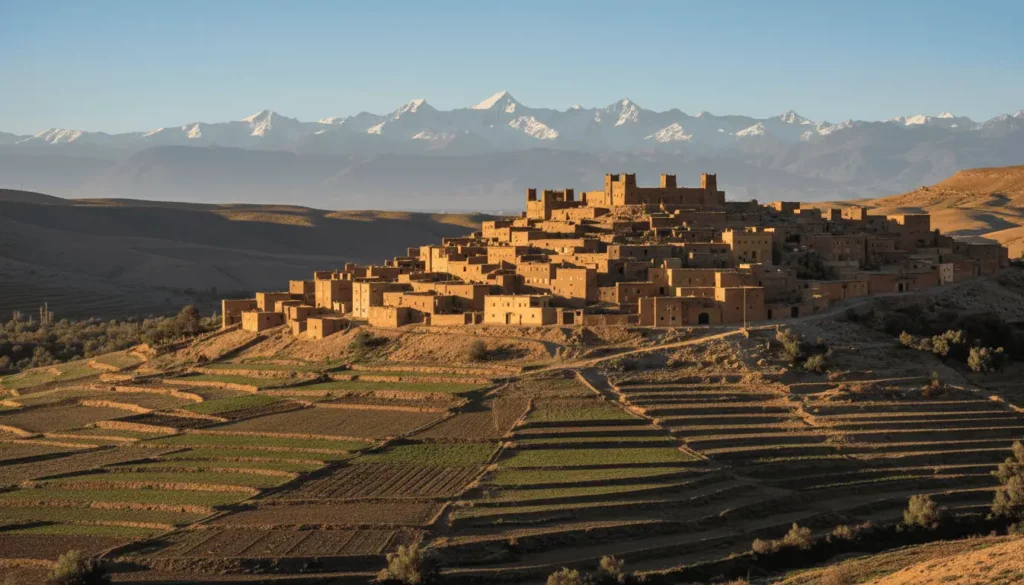 A view of a traditional Berber village nestled in the foothills of the snow-capped High Atlas Mountains outside Marrakech