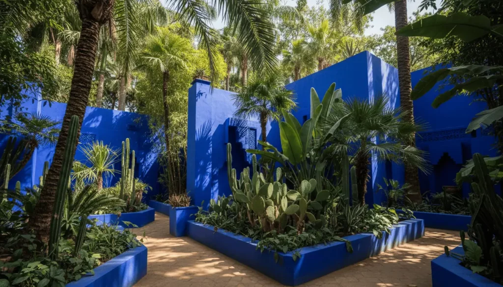 The striking Majorelle Blue walls and planters contrasting with lush green cacti and exotic plants in the Majorelle Garden