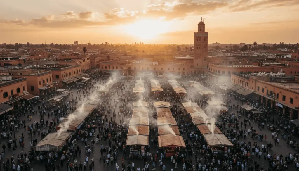 An aerial view of the bustling Jemaa el-Fna square at sunset with smoke rising from food stalls and the Koutoubia minaret visible in the distance