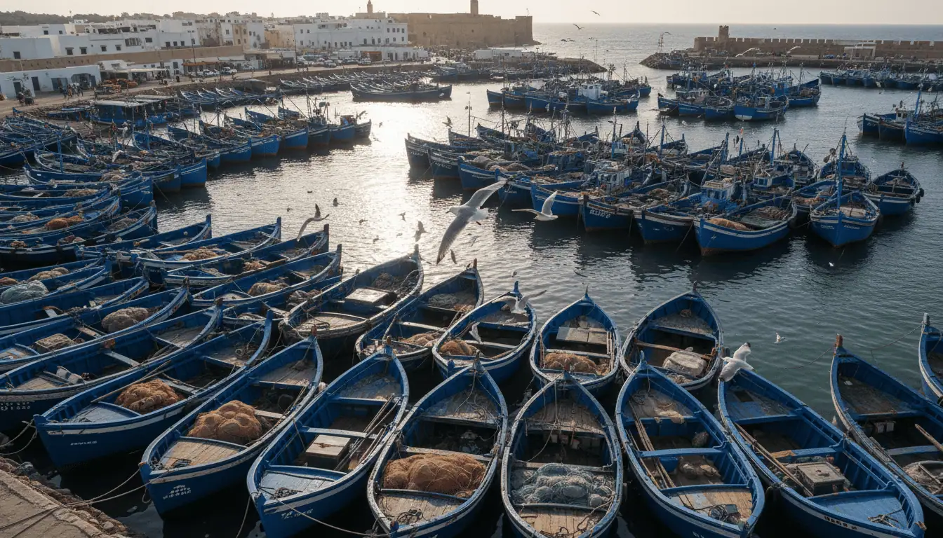 Hundreds of traditional blue fishing boats docked in the busy Essaouira harbor