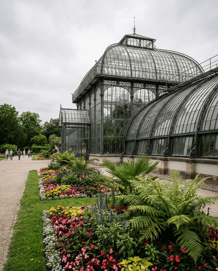 A serene shot of the Palmengarten's historic 19th-century glasshouse (Palmenhaus), surrounded by exotic plants and manicured flower beds.