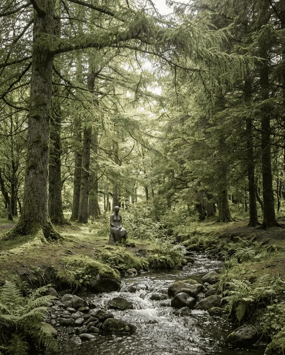 A serene landscape shot inside Viðarlundin Park, featuring rare tall trees (for the Faroes) framing a bubbling stream and a bronze sculpture, soft sunlight filtering through the leaves.