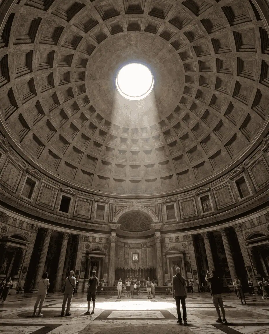 Interior shot of the Pantheon looking up at the massive concrete dome, capturing the dramatic beam of sunlight streaming through the central oculus