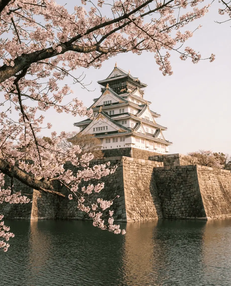 A majestic view of Osaka Castle's main keep rising above the stone walls and moat, framed by pink cherry blossom branches in full bloom.