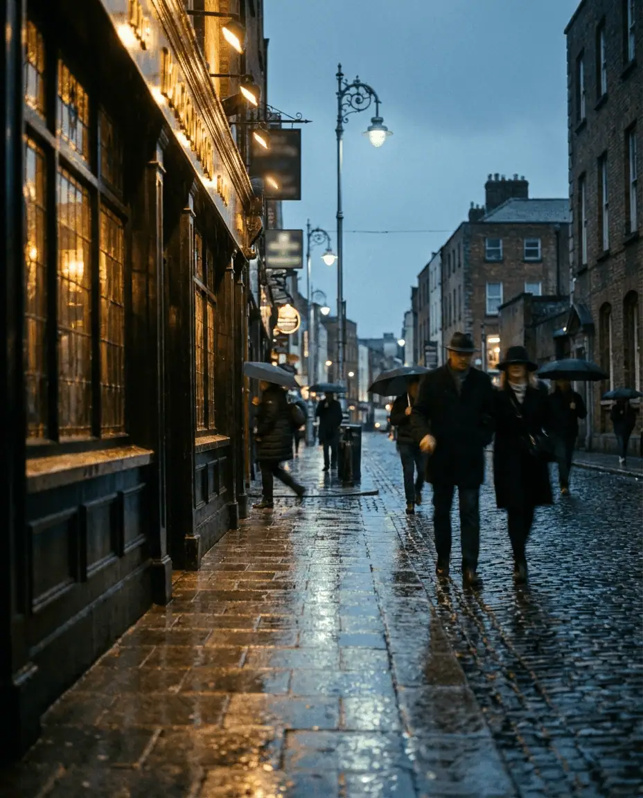 An atmospheric evening shot of a wet Dublin street, with the warm yellow glow of pub windows reflecting on the cobblestones and people hurrying by in coats.