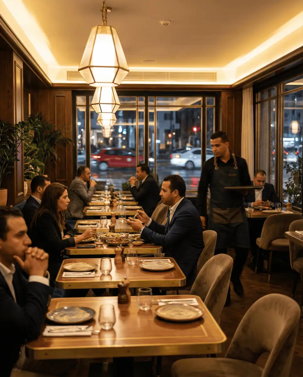A stylish night shot inside an upscale, contemporary restaurant in the trendy Racine district of Casablanca, featuring warm ambient lighting, modern decor, and well-dressed diners enjoying meals, with city lights visible through large windows.