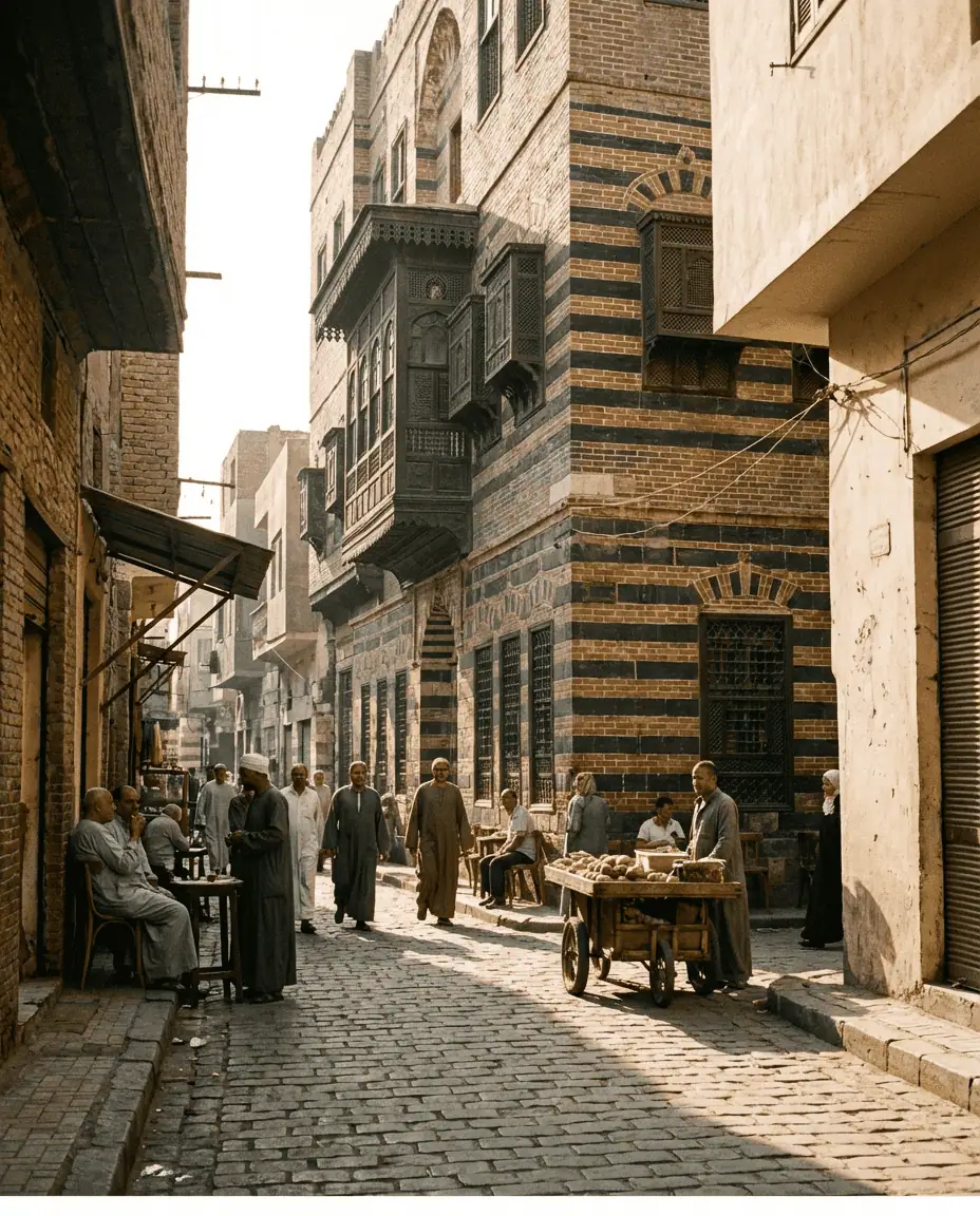Street view in the historic town of Rosetta (Rashid), featuring the distinct black-and-red brickwork of a traditional Ottoman-era merchant house.