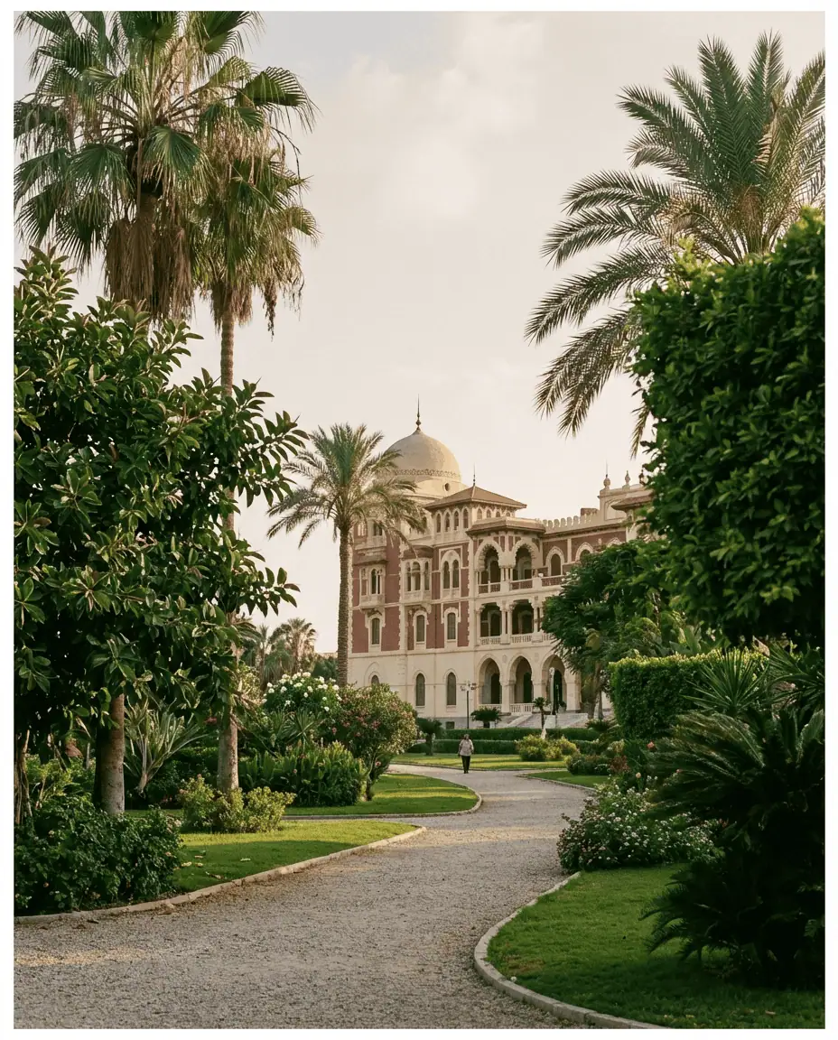 A serene landscape shot of the lush Montaza Palace Gardens, with the ornate Haramlek Palace visible through the palm trees.