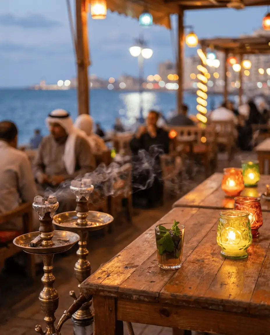 An atmospheric shot of a traditional café along the Corniche, with shisha pipes and mint tea on the table and the sea in the blurred background.