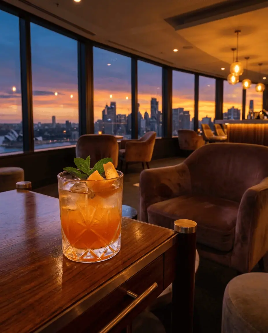 An elegant interior shot of Bar 83, showing a colorful cocktail on a retro table with floor-to-ceiling windows revealing a spectacular sunset view over the Sydney skyline.