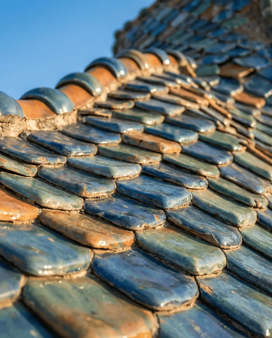 Close-up of the colorful, scale-like roof tiles of Casa Batlló, resembling a dragon's back, glistening in the sunlight against a blue sky