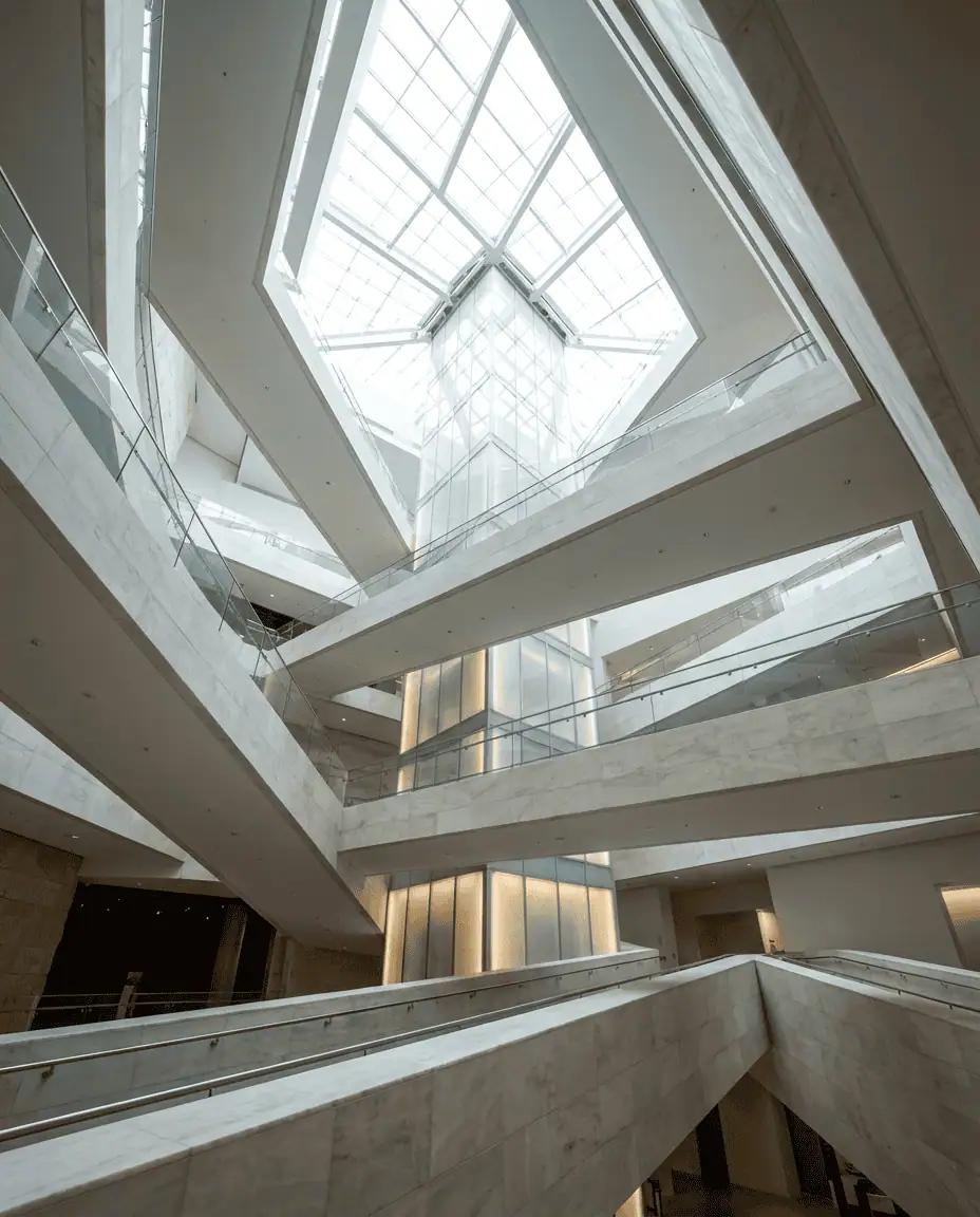 A dizzying interior shot of the alabaster ramps crisscrossing inside the Canadian Museum for Human Rights, leading up towards the Tower of Hope.