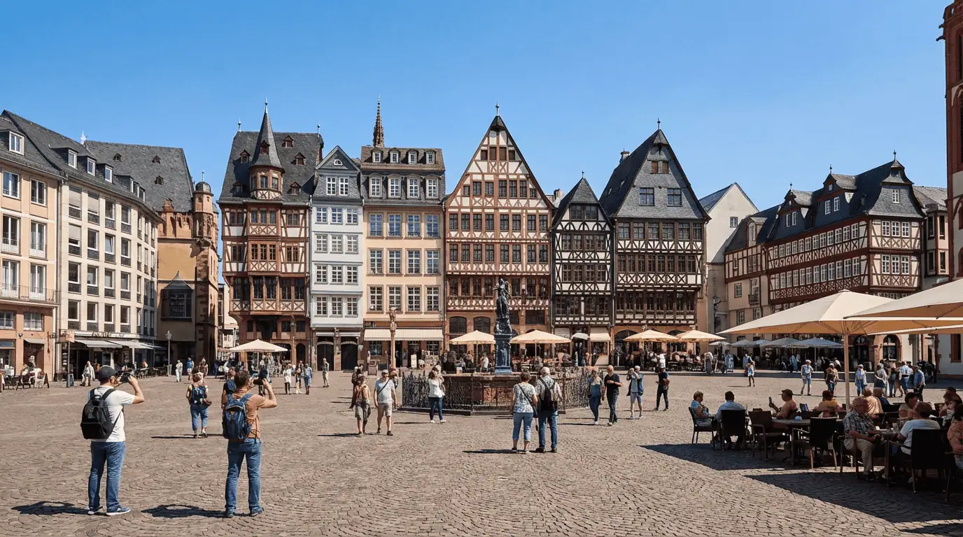 A vibrant eye-level shot of the Römerberg square in Frankfurt, featuring the iconic medieval timber-framed houses with stepped gables under a clear blue sky, bustling with visitors.