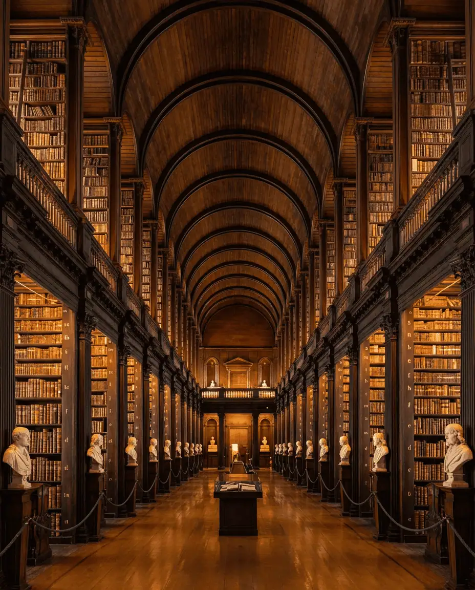 A majestic, symmetrical interior shot of the Long Room in the Old Library at Trinity College, featuring towering oak bookshelves filled with ancient manuscripts and marble busts.