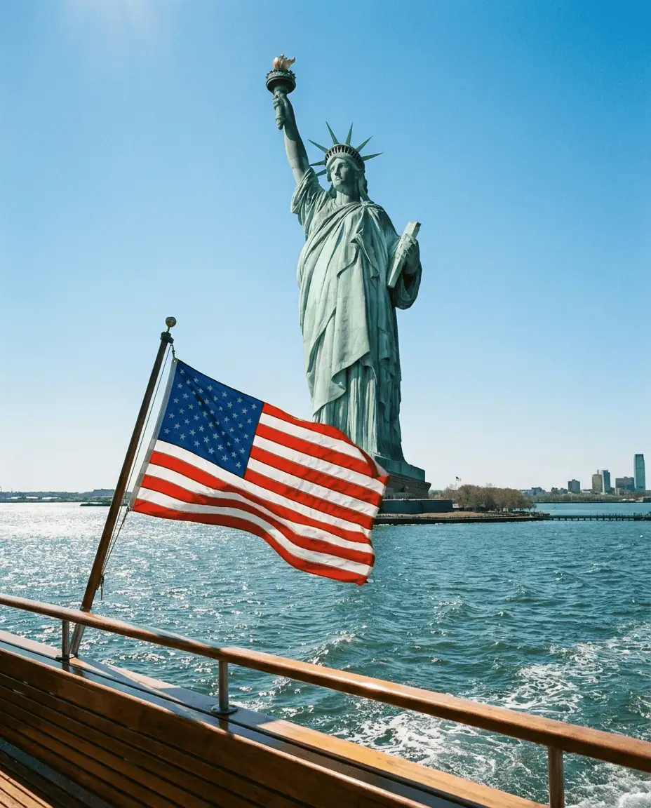 A low-angle majestic shot of the Statue of Liberty against a clear blue sky, taken from the approaching ferry with the American flag fluttering in the foreground
