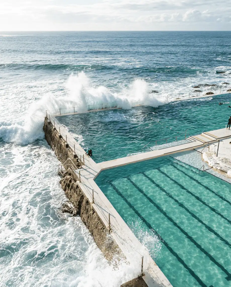 A classic high-angle shot of the Bondi Icebergs ocean pool, with turquoise water and crashing white waves from the ocean spilling over the edge into the pool.