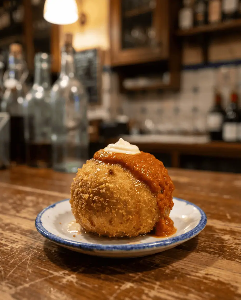 Macro shot of a "Bomba" tapa-a crispy fried potato ball topped with spicy red sauce and white aioli-sitting on a rustic wooden table