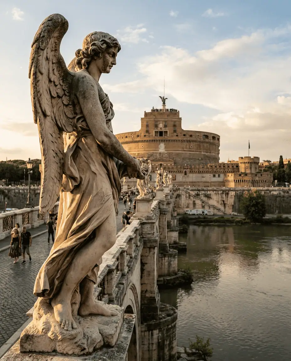 A view of Castel Sant'Angelo from the bridge, framed by one of the marble angel statues with the fortress rising in the background