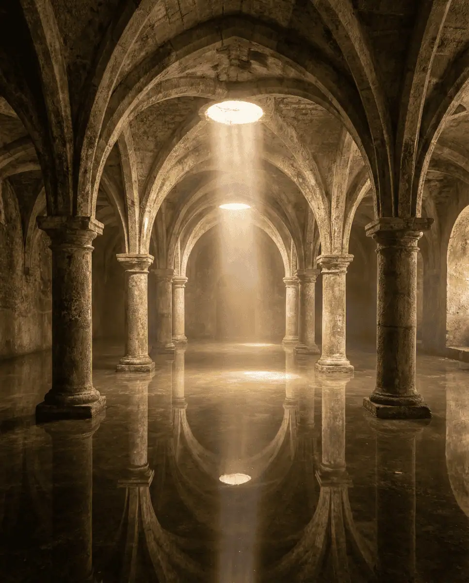 An atmospheric interior view of the historic Portuguese cistern in El Jadida, showing rows of stone columns and ribbed vaults perfectly reflected in the shallow water on the floor, lit by a single shaft of sunlight from the ceiling.