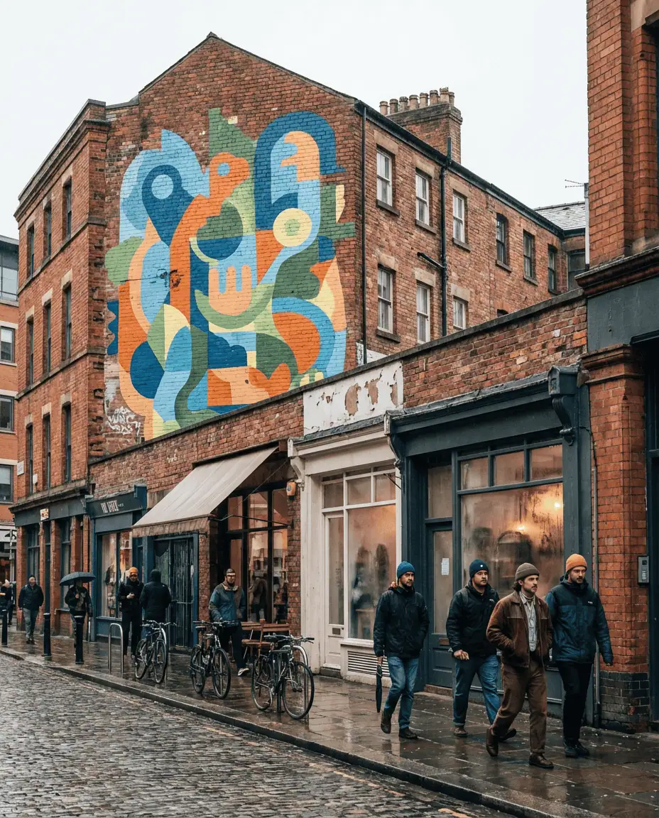 A vibrant street scene in the Northern Quarter featuring a large, colorful mural on a red-brick building, with hipsters walking past independent coffee shops.